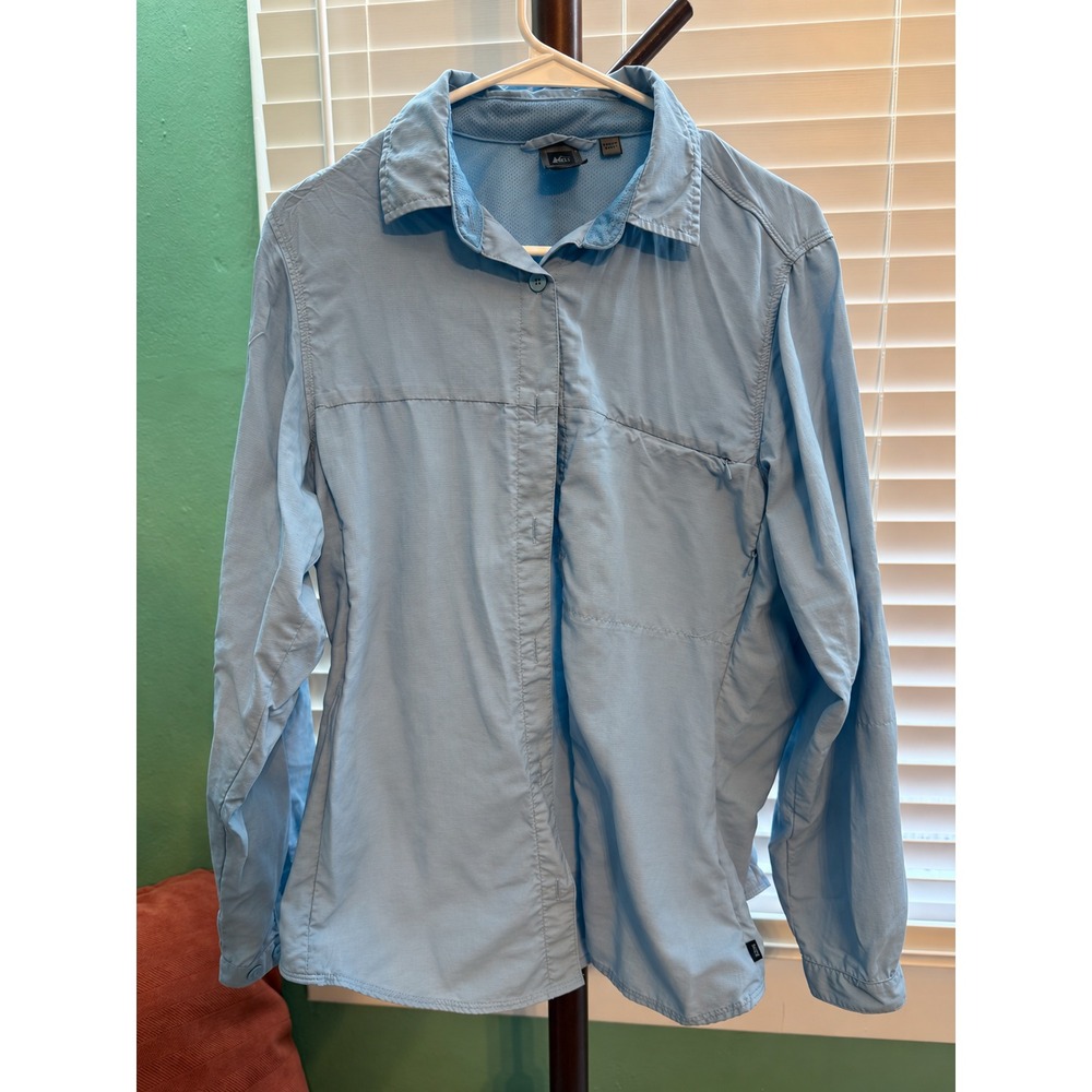 REI Button Up Shirt Womens XL Blue Hiking Outdoor Long Sleeve UPF 30+